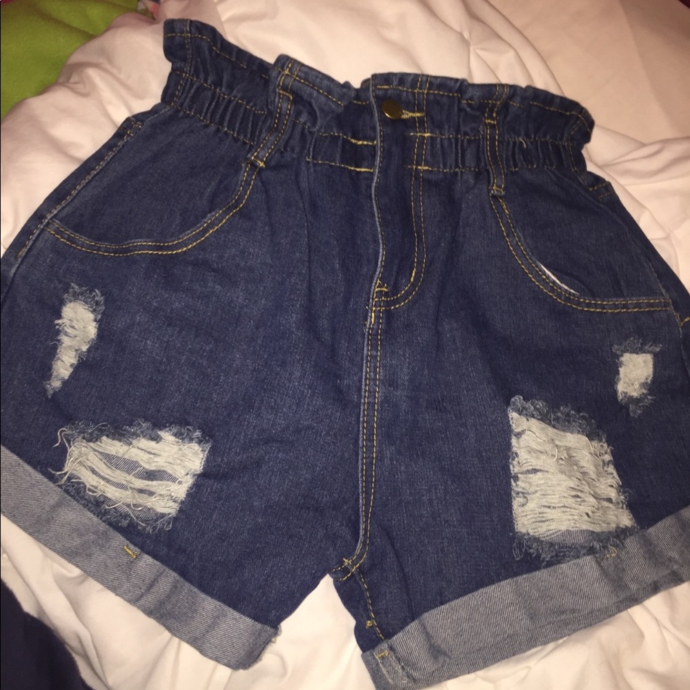 blue jean distressed paper bag shorts